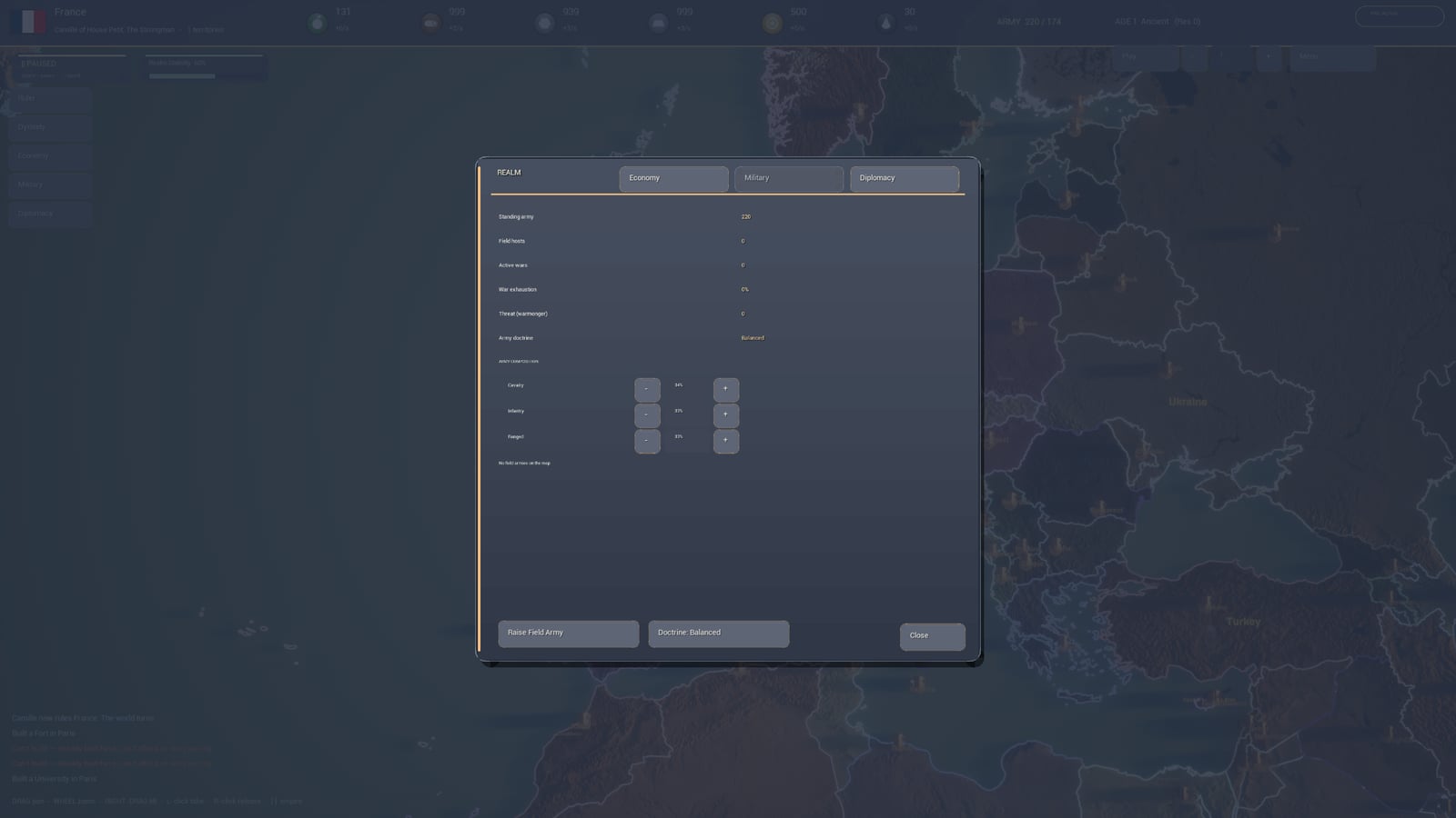 Epochfall realm panel - resources, standing army, doctrine, and army composition
