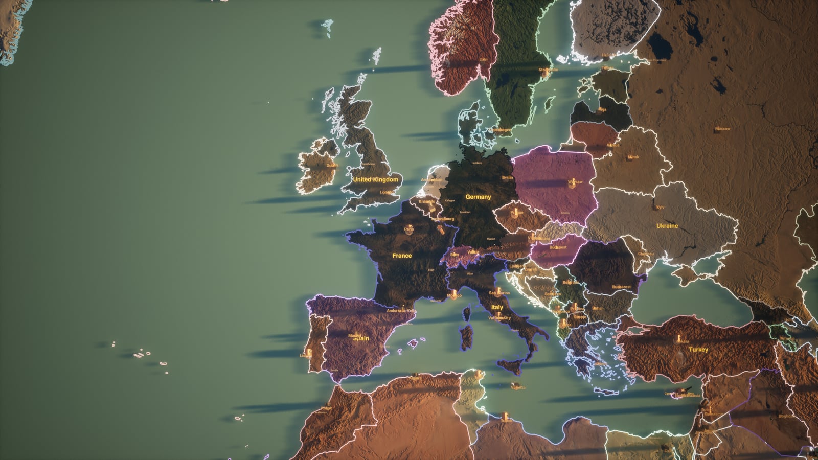 Epochfall strategic map - relief Earth with nation territories, borders, and capitals